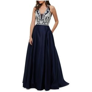 Blonde Nites embroidered satin gown in navy